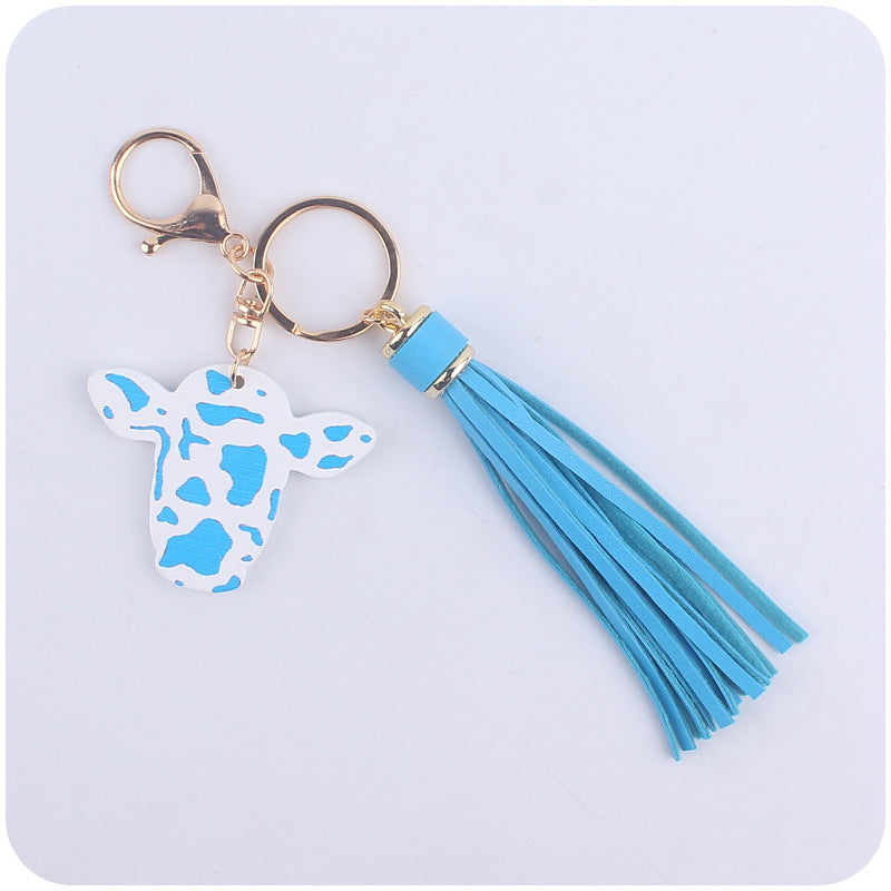 Wholesale Cartoon Western Bull Head Wooden Colorful Long Tassel Keychains